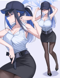 Rule 34 | 1girl, alternate costume, alternate hairstyle, armpits, bare arms, bare shoulders, black hair, black hat, black pantyhose, black skirt, blue archive, blue eyes, blue hair, blue halo, blush, breasts, cleavage, closed mouth, colored inner hair, gun, hair between eyes, halo, handgun, hat, highres, holding, holding gun, holding weapon, large breasts, legs, long hair, looking at viewer, multicolored hair, open mouth, pantyhose, pencil skirt, ponytail, saori (blue archive), shaded face, shirt, shougun (chuckni1), skirt, sleeveless, sleeveless shirt, solo, two-tone hair, weapon, white shirt