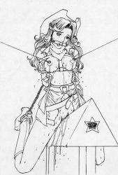 Rule 34 | 1990s (style), 1girl, arms behind back, bdsm, belt, bit gag, blonde hair, bondage, boots, bound, breasts, cow girl, cowboy bebop, cowboy boots, cowboy hat, female focus, full body, gag, greyscale, hat, judy (cowboy bebop), linea alba, lineart, long hair, medium breasts, miniskirt, monochrome, neckerchief, nipple piercing, nipple pull, nipple stimulation, nipples, no bra, no panties, piercing, piercing pull, pussy, pussy juice, pussy juice drip, pussy juice trail, retro artstyle, simple background, skirt, solo, straddling, sweat, torn clothes, torn skirt, uncensored, wooden horse