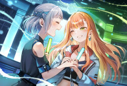 2girls belt black_dress black_shirt blue_belt blue_ribbon blurry blurry_background blush braid clothing_cutout collarbone commentary_request cropped_shirt crying crying_with_eyes_open cube_earrings dress floating_hair gakuen_idolmaster glowstick green_eyes grey_hair hair_ribbon half_up_braid happy_tears highres holding holding_glowstick holding_hands hood hood_down hoodie idolmaster jewelry katsuragi_lilja long_hair long_sleeves looking_at_another midriff mole mole_under_eye multiple_girls nail_polish navel necklace one_eye_closed open_clothes open_hoodie open_mouth orange_hair red_hoodie red_nails ribbon ribbon_braid shirt shiun_sumika short_hair short_sleeves shoulder_cutout tears tuna_picture two-tone_hoodie upper_body white_hoodie zipper