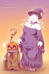 1boy 1girl closed_eyes furry goat hat oona_seki pumpkin sans_(undertale) skeleton toriel undertale witch_clothes witch_hat