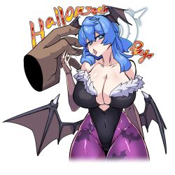 1girl absurdres ako_(blue_archive) animal_print bare_shoulders bat_print bat_wings black_leotard blue_archive blue_eyes blue_hair blue_halo breasts bridal_gauntlets cleavage collarbone cosplay covered_navel cutout_above_navel darkstalkers disembodied_hand english_text fur-trimmed_leotard fur_trim hair_between_eyes halloween_costume halo head_wings highres huge_breasts large_breasts lazy_ant leotard long_hair looking_at_viewer low_wings morrigan_aensland morrigan_aensland_(cosplay) off-shoulder_leotard open_mouth pantyhose print_pantyhose purple_pantyhose purple_wings saliva saliva_trail tongue tongue_out wings