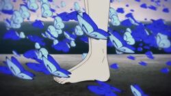 1girl animated black_hair blue_hat bug butterfly cherry_blossoms cloud cloudy_sky feet green_eyes hat high_heels highres insect nails nude red_skirt shirt skirt sky tagme video white_shirt
