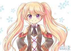 akihara_ryou artist_name bare_shoulders black_necktie blonde_hair breasts dated doyagao hands_on_own_hips iris_mysteria! ladis_(iris_mysteria!) long_hair looking_at_viewer necktie purple_eyes small_breasts smile smug twintails upper_body