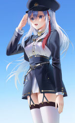 1girl 86_-eightysix- absurdres belt black_garter_straps blue_background blue_eyes blue_hair blue_jacket breasts cropped_jacket emduck framed_breasts garter_straps hair_between_eyes hat highres jacket long_hair long_sleeves medium_breasts military_hat military_jacket military_uniform multicolored_hair open_mouth red_hair salute shirt simple_background solo streaked_hair thighhighs two-tone_hair very_long_hair vladilena_millize white_belt white_shirt white_thighhighs zettai_ryouiki