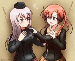 Rule 34 | 2girls, bellwall military uniform, black hat, black jacket, brown skirt, commentary request, garrison cap, girls und panzer, girls und panzer little army, haiiro purin, hair ornament, hairpin, hand on another&#039;s shoulder, hat, jacket, kuromorimine military uniform, long hair, multiple girls, nakasuga emi, one-hour drawing challenge, orange hair, pink hair, red skirt, sheska (girls und panzer), signature, skirt, translation request, twitter username