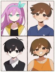 1girl 3boys absurdres antenna_hair aubrey_(faraway)_(omori) aubrey_(omori) black_eyes black_hair black_sweater_vest blue_eyes blue_hairband blue_sweater blush bright_pupils brown_eyes brown_hair closed_mouth collarbone collared_shirt dark-skinned_male dark_skin grin hairband hero_(faraway)_(omori) hero_(omori) highres jacket kel_(faraway)_(omori) kel_(omori) long_hair looking_at_viewer mqd0rl multiple_boys omori parted_lips pink_hair shirt short_hair smile sunny_(omori) sweater sweater_vest teeth white_jacket white_pupils white_shirt