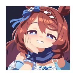 1girl animal_ears blue_bow blue_eyes bow braid brown_hair grin half-closed_eyes hand_on_own_cheek hand_on_own_face highres horse_ears horse_girl light_blush long_hair looking_at_viewer no_lineart off_shoulder smile solo super_creek_(umamusume) umamusume waonaolmao wrist_cuffs