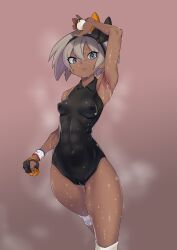 1girl abs absurdres bea_(pokemon) black_leotard blue_eyes breasts cameltoe covered_erect_nipples dark-skinned_female dark_skin expressionless fingerless_gloves gloves grey_hair gujira highres holding holding_poke_ball leotard looking_at_viewer nintendo poke_ball pokemon pokemon_swsh short_hair small_breasts solo steaming_body sweat thighs toned toned_female very_sweaty