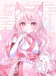 1girl :o absurdres animal_ears blush bow breasts choker commentary_request commission creature cross detached_sleeves dot_nose double-parted_bangs egasumi flower_symbol fox_ears fox_girl fox_tail frilled_kimono frills hair_bow hand_up hands_up heart heart_choker heart_in_eye highres japanese_clothes kimono kitsune kyuubi lace_trim long_hair looking_at_viewer multiple_tails one_eye_closed open_mouth otoufu_tea pink_background pink_bow pink_choker pink_eyes pink_hair pink_tail shirayuki_kokoro sidelocks signature skeb_commission sleeveless sleeveless_kimono small_breasts snowflake_print solo symbol_in_eye tail thank_you triangle virtual_village_vanguard waist_bow wavy_hair white_kimono white_sleeves