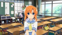1girl blue_eyes blue_sailor_collar blue_skirt book bulletin_board chair classroom closed_mouth cowboy_shot curtains desk game_cg highres higurashi_no_naku_koro_ni higurashi_no_naku_koro_ni_mei indoors looking_at_viewer necktie non-web_source official_art orange_hair plant potted_plant ryuuguu_rena sailor_collar school_chair school_desk school_uniform serafuku shirt short_hair short_sleeves skirt smile solo standing straight-on v_arms white_shirt window wooden_floor yellow_necktie