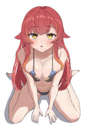1girl absurdres amatsuki_eri bare_shoulders bikini blush breasts cleavage highres large_breasts long_hair looking_at_viewer multicolored_bikini navel nekota_tsuna red_hair simple_background sitting solo swimsuit virtual_youtuber vspo! wariza white_background yellow_eyes