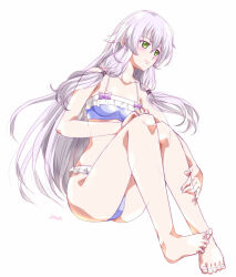 1girl altina_orion artist_name bikini blue_bikini breasts double-parted_bangs eiyuu_densetsu floating_hair full_body green_eyes hair_between_eyes hajimari_no_kiseki knees long_hair low-tied_sidelocks panties pantyshot sen_no_kiseki_(series) sidelocks simple_background sitting small_breasts smile solo swimsuit underwear white_background white_hair xiacheng_tatsuya