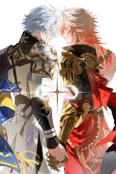 2boys antenna_hair armor back_tattoo black_coat black_shirt blonde_hair blue_cape cape chinese_commentary clawed_gauntlets closed_eyes coat commentary_request earrings from_behind gold_earrings gold_necklace gradient_hair hair_between_eyes heads_together highres holding_hands honkai:_star_rail honkai_(series) infinity_symbol jewelry male_focus medium_hair multicolored_hair multiple_boys mydei_(honkai:_star_rail) necklace open_clothes open_coat pauldrons phainon_(honkai:_star_rail) red_cape red_hair red_tattoo shirt short_hair shoulder_armor side_cape single_pauldron suirandanshihao tattoo white_coat white_hair