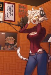 1boy 2girls ahoge arms_up blonde_hair blue_pants breasts cleavage_cutout clothing_cutout covered_navel cow_girl fang furry furry_female guitar hair_over_one_eye headphones highres instrument juerucj leotard leotard_under_clothes long_sleeves microphone mouse_boy multiple_girls music music_stand navel open_mouth original pants pop_filter red_leotard short_hair singing slit_pupils studio_microphone tail tiger_girl tiger_tail white_fur
