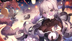 4girls animal_ears asc11 breasts bronya_zaychik bronya_zaychik_(haxxor_bunny) bronya_zaychik_(heart_of_the_night) bronya_zaychik_(herrscher_of_reason) bronya_zaychik_(silverwing:_n-ex) bronya_zaychik_(snowy_sniper) brown_dress cleavage dragon dress drill_hair eastern_dragon fake_animal_ears food grey_eyes grey_hair highres holding homu_(honkai_impact) honkai_(series) honkai_impact_3rd hood lantern large_breasts long_hair looking_at_viewer looking_over_eyewear looking_over_glasses multiple_girls open_mouth paper_lantern ponytail purple-tinted_eyewear purple-tinted_glasses quad_drills round_eyewear spoon sunglasses tinted_eyewear