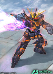 bandai battle beam_cannon cloud commentary_request copyright_notice energy energy_beam firing glowing glowing_eye gundam gundam_arsenal_base gundam_unicorn hukutuuprunes lens_flare logo machinery mecha mecha_focus mobile_suit no_humans official_art red_eyes riding robot scene_reference science_fiction title unicorn_gundam_banshee v-fin