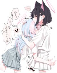 2girls animal_ears black_hair black_nails blue_archive blue_hair blush cat_ears cat_girl closed_eyes closed_mouth colored_inner_animal_ears colored_inner_hair earrings extra_ears grey_skirt halo hands_on_another&#039;s_head hug jewelry kazusa_(blue_archive) multicolored_hair multiple_girls negu_(pixiv_6519140) pink_hair pink_halo pleated_skirt purple_eyes reisa_(blue_archive) shirt short_sleeves skirt smile stud_earrings thigh_strap two-tone_hair white_shirt white_skirt yuri