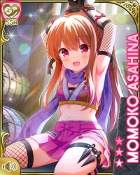Rule 34 | 1girl, :d, arm guards, armpits, arms up, asahina momoko, bow, brown dress, brown hair, brown thighhighs, captured, card (medium), character name, dress, fishnet thighhighs, fishnets, girlfriend (kari), hair bow, hair ribbon, indoors, kneeling, midriff, ninja, official art, one side up, open mouth, pink bow, pink skirt, purple scarf, qp:flapper, red eyes, ribbon, scarf, side ponytail, skirt, smile, solo, thighhighs