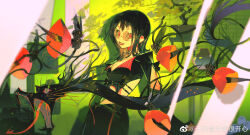 1girl absurdres arm_cutout black_hair black_shirt black_skirt black_sleeves bonsai breasts chinese_commentary cleavage collar collared_shirt commentary_request cowboy_shot curvy dragon eastern_dragon eyelashes green_background highres lipstick long_sleeves looking_at_viewer makeup medium_hair open_mouth original pink_collar pink_eyes plant potted_plant qianfeng red_lips round_eyewear shirt skirt smile solo stomach striped_clothes sunglasses thorns vertical-striped_clothes vertical-striped_collar watermark weibo_watermark weibo_watermark