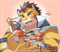 1boy absurdres animal_ears artist_name bara biceps black_hair blue_eyes blush claws commentary_request cup_ramen dated food furry furry_male highres hitachi_(tamacolle) holding holding_food japanese_clothes looking_at_viewer male_focus multicolored_hair nunutarou plump sleeveless streaked_hair sweatdrop tamacolle tiger_boy tiger_ears tiger_stripes twitter_username yellow_fur
