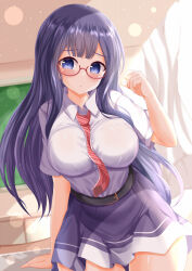 1girl between_breasts black_hair blue_eyes blue_skirt blush breasts closed_mouth collared_shirt commentary_request curtains day diagonal-striped_clothes diagonal-striped_necktie hand_up highres indoors large_breasts long_hair looking_at_viewer misumi_aoi necktie necktie_between_breasts ongeki pink_necktie red_eyes semi-rimless_eyewear shirt short_sleeves skirt solo striped_clothes under-rim_eyewear very_long_hair white_shirt xenon_(for_achieve)