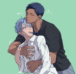 2boys aomine_daiki big_mogong black_shirt blue_hair closed_eyes collared_shirt commentary_request cowboy_shot crew_neck dark-skinned_male dark_skin green_background grey_pants hair_between_eyes hand_on_another&#039;s_wrist hug hug_from_behind korean_commentary kuroko_no_basuke kuroko_tetsuya leaning leaning_on_person long_sleeves looking_at_another male_focus multiple_boys open_collar open_cuffs pants parted_lips shirt short_hair short_sleeves simple_background squeans t-shirt teeth toothbrush toothbrush_in_mouth white_shirt yaoi