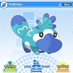 Rule 34 | artist name, artworks218, beak, blue fur, bright pupils, copyright logo, english text, fakemon, looking at viewer, multicolored fur, nintendo, no humans, original, platypus, pokemon, pokemon (creature), polka dot, polka dot background, solo, white fur, white pupils