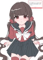 Rule 34 | 1girl, black sailor collar, black skirt, bow, bowtie, brown hair, danganronpa (series), danganronpa v3: killing harmony, hair ornament, hair scrunchie, hairclip, harukawa maki, highres, long sleeves, mole, mole under eye, pleated skirt, pote (pote 39), red scrunchie, red shirt, red thighhighs, sailor collar, scrunchie, shirt, simple background, sitting, skirt, solo, thighhighs, translation request, white background, white bow, white bowtie