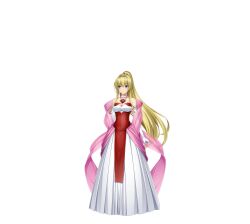 1girl bare_shoulders blonde_hair blue_eyes breasts choker cleavage closed_mouth covered_navel detached_sleeves dress elbow_gloves full_body game_cg gloves hair_intakes high_ponytail highres inoino kouyoku_senki_exs-tia large_variant_set long_hair looking_at_viewer medium_breasts non-web_source official_art ponytail rieszverne_suzette_paladill smile solo standing strapless strapless_dress tachi-e transparent_background variant_set very_long_hair white_dress