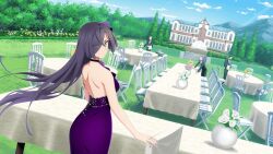 Rule 34 | 1girl, back, backless dress, backless outfit, bare shoulders, black hair, blue sky, breasts, building, chair, closed mouth, cloud, day, dress, eyes visible through hair, fountain, from behind, game cg, hair over one eye, long hair, looking at viewer, looking back, nail polish, non-web source, official art, orange eyes, origami yukari, outdoors, people, purple dress, sky, sleeveless, sleeveless dress, solo, standing, table, toji no miko, toji no miko: kizamishi issen no tomoshibi, tree, very long hair