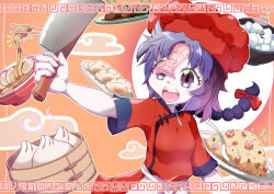 1girl absurdres alternate_costume alternate_hairstyle apron steamed_bun bow bowl braid braided_ponytail breasts chef_hat china_dress chinese_clothes chopsticks commentary_request dress dumpling food food_request fried_rice hair_bow hat highres jiangshi jiaozi long_hair meandros miyako_yoshika noodles open_mouth orange_background pale_skin parted_bangs plate purple_eyes purple_hair ramen red_bow red_dress red_hat saliva short_sleeves shrimp small_breasts smile solo soup katsu_(food) touhou upper_body user_yux9878 waist_apron white_apron