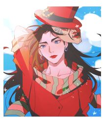 Rule 34 | 1girl, arm behind back, black hair, blue eyes, cloud, commentary, earrings, english commentary, hat, highres, jacket, jewelry, jojo no kimyou na bouken, lisa lisa, long hair, looking to the side, mask, red hat, red jacket, red lips, scarf, seirorath, sky, solo, upper body