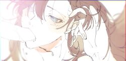 2boys adjusting_hair alternate_hairstyle blush brown_hair chromatic_aberration cum cum_in_mouth fellatio grey_eyes gymnasium119 hair_between_eyes hair_down hand_in_own_hair hand_up limited_palette long_hair looking_at_penis looking_at_viewer male_focus modao_zushi multiple_boys nude oral penis pov simple_background sketch solo_focus wei_wuxian white_background yaoi