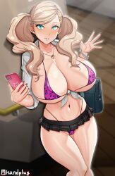1girl alternate_breast_size amesuku_gyaru bag bikini blonde_hair blue_eyes bracelet breasts breasts_out cameltoe cellphone front-tie_shirt front-tie_top gyaru hair_ornament hairclip handplug highleg highleg_bikini highres huge_breasts jewelry kogal micro_bikini microskirt nail_polish navel necklace persona persona_5 phone school_bag school_uniform skirt solo standing swimsuit takamaki_anne thong twintails waving
