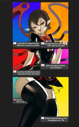 Rule 34 | 1girl, absurdres, asymmetrical wings, bad id, bad twitter id, black background, black dress, black hair, black thighhighs, blue wings, bow, bowtie, center frills, commentary, dress, english text, frills, highres, houjuu nue, looking at viewer, naufaldreamer, nhentai, pointy ears, red bow, red bowtie, red eyes, red wings, short hair, solo, thighhighs, tongue, tongue out, touhou, wings