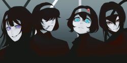 4girls alice_margatroid blue_eyes chinese_commentary cigarette closed_mouth commentary_request cookie_(touhou) expressionless grey_background grey_hairband grey_theme grin hair_between_eyes hair_over_eyes hairband hinase_(cookie) ichigo_(cookie) jigen_(cookie) limited_palette long_bangs looking_at_viewer mohu812855 multiple_girls purple_eyes red_eyes sharp_teeth short_hair smile smoking taisa_(cookie) teeth touhou upper_body