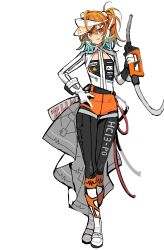 1girl a.i._voice absurdres adachi_rei alternate_costume alternate_hair_color aqua_hair black_bodysuit blush bodysuit boots cleavage_cutout clothing_cutout crossed_legs flat_chest full_body gas_pump_nozzle gloves gradient_hair hand_on_own_hip headset highres holding jacket knee_boots long_sleeves looking_at_viewer medium_hair multicolored_hair natwjeq one_side_up orange_eyes orange_hair pinky_out race_queen sideways_hat simple_background smile solo standing tongue tongue_out utau visor_cap waist_cape watson_cross white_background white_boots white_gloves white_jacket