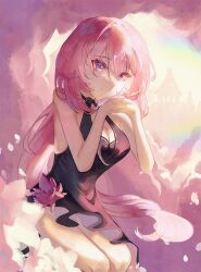 1girl black_dress breasts cleavage cloud commentary dress elysia_(honkai_impact) english_commentary highres honkai_(series) honkai_impact_3rd large_breasts long_hair looking_at_viewer misallynne official_alternate_costume own_hands_together pink_hair purple_eyes sitting smile solo very_long_hair