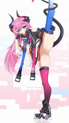 1girl black_gloves blue_eyes blue_thighhighs delta_(honkai_impact) dress full_body gloves gluteal_fold honkai_(series) honkai_impact_3rd horns kneepits long_hair long_sleeves looking_at_viewer no_panties pink_hair pink_thighhighs pussy rozaliya_olenyeva solo split standing standing_on_one_leg standing_split tail thick_eyebrows thighhighs white_background white_dress xiaosa123