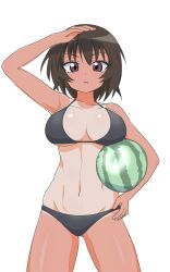 1girl abs arm_up azumanga_daiou bikini black_bikini breasts brown_eyes brown_hair collarbone commentary cowboy_shot expressionless food fruit gluteal_fold groin hand_on_own_hip highres holding holding_food holding_fruit holding_watermelon kagura_(azumanga_daioh) large_breasts looking_at_viewer mansya midriff navel parted_lips shading_face short_hair simple_background solo standing straight-on swimsuit tan tanline toned toned_female underboob watermelon white_background