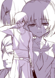 Rule 34 | 1girl, 3boys, baseball bat, belt, breasts, closed mouth, collarbone, crying, crying with eyes open, empty eyes, glasses, hair between eyes, hair over one eye, highres, higurashi no naku koro ni, holding, holding baseball bat, holding sword, holding weapon, houjou satoko, irie kyousuke, looking at viewer, maebara keiichi, mahcdai, monochrome, multiple boys, neckerchief, ooishi kuraudo, pants, parted lips, ponytail, profile, purple theme, sailor collar, scar, school uniform, serafuku, serious, shirt, short hair, simple background, sleeveless, smile, standing, sword, tears, weapon, white background