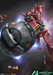 Rule 34 | battle, chain, commentary request, company name, copyright name, copyright notice, debris, exposed internal machinery, extra eyes, gundam, gundam arsenal base, gundam gquuuuuux, machinery, mecha, mecha focus, mobile suit, motion blur, no humans, official art, purple eyes, realistic, red gundam, robot, science fiction, solo, space, thrusters, tory youf, v-fin, zeon