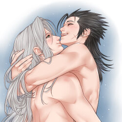 Rule 34 | 2boys, arms around neck, black hair, blush, chin kiss, closed eyes, closed mouth, commentary, crylin6, earrings, final fantasy, final fantasy vii, green eyes, grey hair, hands in hair, highres, hug, jewelry, kiss, laughing, long hair, male focus, multiple boys, nude, open mouth, sephiroth, slit pupils, spiked hair, symbol-only commentary, yaoi, zack fair