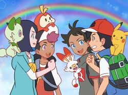 1girl 3boys ash_ketchum backpack bag baseball_cap blonde_hair blue_eyes brown_eyes dark-skinned_male dark_skin fuecoco gen_1_pokemon gen_8_pokemon gogo_hazuki goh_(pokemon) hat highres jacket liko_(pokemon) multiple_boys nintendo pikachu pink_eyes pokemon pokemon_(anime) pokemon_horizons pokemon_journeys purple_hair rainbow roy_(pokemon) scorbunny sprigatito