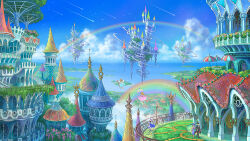 1boy 2girls aircraft blue_sky bridge building castle city cityscape cloud day fantasy flower grass multiple_girls no_humans original outdoors rainbow river scenery shooting_star sky star_(sky) tower tree water waterfall yukoiwase