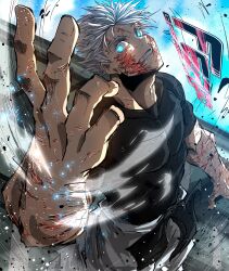 1boy absurdres artist_name baggy_pants black_sash black_shirt blue_eyes blue_sky cloud cursed_energy_(jujutsu_kaisen) cuts energy exposed_muscle fergoart gojou_satoru grin healing highres injury jujutsu_kaisen light_particles looking_at_viewer male_focus muscular muscular_male open_hand outdoors pants sash shirt sky smile solo t-shirt white_hair white_pants