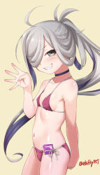 1girl ahoge asashimo_(kancolle) bikini breasts condom condom_wrapper covered_erect_nipples ebifly grey_eyes grey_hair kantai_collection micro_bikini navel ponytail purple_bikini sharp_teeth side-tie_bikini_bottom simple_background small_breasts swimsuit teeth