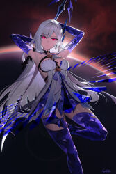 Rule 34 | 1girl, absurdres, aquilar, armpits, arms up, backlighting, breasts, chest harness, crystal shards, dress, genshin impact, grey hair, harness, highres, holding, holding polearm, holding weapon, long hair, looking at viewer, medium breasts, planet, polearm, prosthesis, prosthetic arm, prosthetic leg, purple hands, red eyes, serious, skirk (genshin impact), solo, weapon, white dress