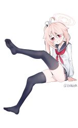 1girl ahoge arm_support artist_name ass asymmetrical_hair black_sailor_collar black_skirt black_thighhighs blue_archive blush bright_pupils buttons chinese_commentary collarbone commentary eyes_visible_through_hair feet full_body gang_shi_shao_e_fan grin hair_between_eyes halo highres invisible_chair leg_up legs long_hair long_sleeves looking_at_viewer miniskirt natsu_(blue_archive) neckerchief no_shoes panties pantyshot pink_hair pink_halo pleated_skirt red_eyes red_neckerchief sailor_collar sailor_shirt school_uniform serafuku shirt side_ponytail sidelocks simple_background sitting skindentation skirt smile soles solo thighhighs thighs toes trinity_general_school_logo underwear white_background white_panties white_pupils white_shirt