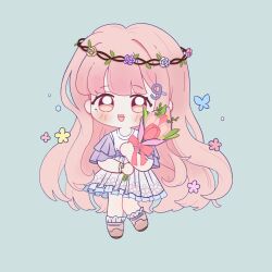 1girl aqua_background blue_butterfly blunt_bangs boots bouquet bow bowtie bracelet brown_boots brown_eyes bug butterfly chibi chinese_commentary commentary_request double-parted_bangs dress eyelashes floral_print flower flower_bracelet frilled_dress frilled_sleeves frilled_socks frills happy head_wreath highres holding holding_bouquet insect jewelry light_blush medium_dress multiple_bracelets nikki_(nikki) nikki_(series) nikki_up2u2:_world_traveller omo_haokun open_mouth pink_bow pink_bowtie pink_flower pink_hair pink_rose pleated_dress purple_flower purple_rose purple_sleeves ribbon rose second-party_source short_sleeves simple_background smile socks solo standing tareme tulip very_hairy white_dress white_flower white_rose white_socks yellow_ribbon